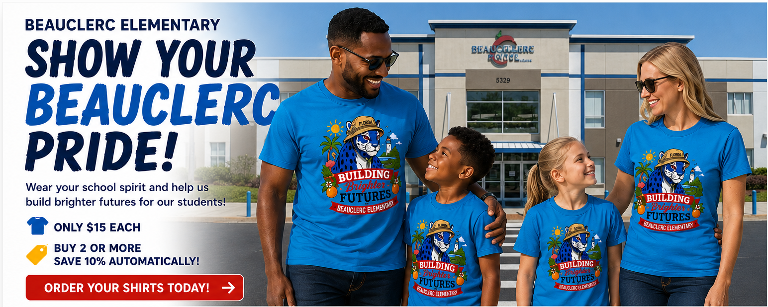 Beauclerc Elementary family wearing Building Brighter Futures fundraiser shirts