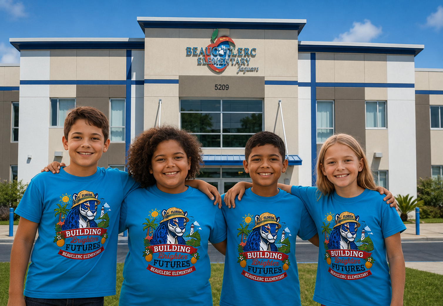 Beauclerc Elementary students wearing the royal blue Building Brighter Futures fundraiser shirts in front of the school